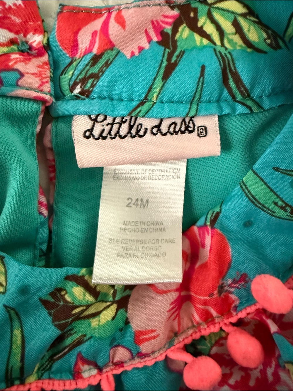 Little Lass Turquoise Floral Pom Pom Romper Sz 24M - Picture 2 of 5